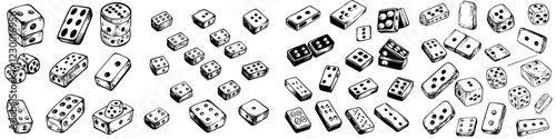 Playing with classic game pieces featuring various styles of dice and dominoes in a creative arrangement on a plain background