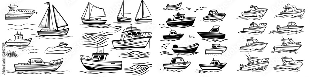 Collection of diverse boat sketches displaying unique designs and styles in a nautical theme