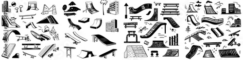 Creative skatepark elements featuring ramps, rails, and urban designs ideal for VFX and futuristic concepts