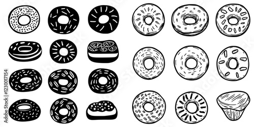 Dozens of assorted donuts with various toppings and shapes presented in a playful black and white design