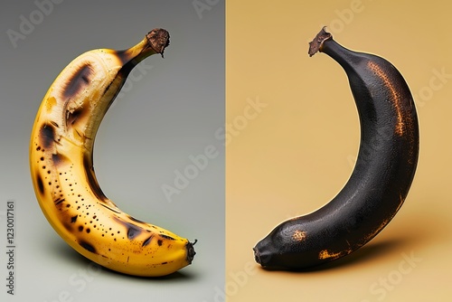 A ripe yellow banana contrasts with its overripe black counterpart, showcasing the evolution of fruit. Conceptual Still Life: Fresh vs. Wrinkled Fruit