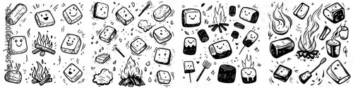 Cute illustrations of campfire activities and toasted marshmallows in a fun, whimsical style