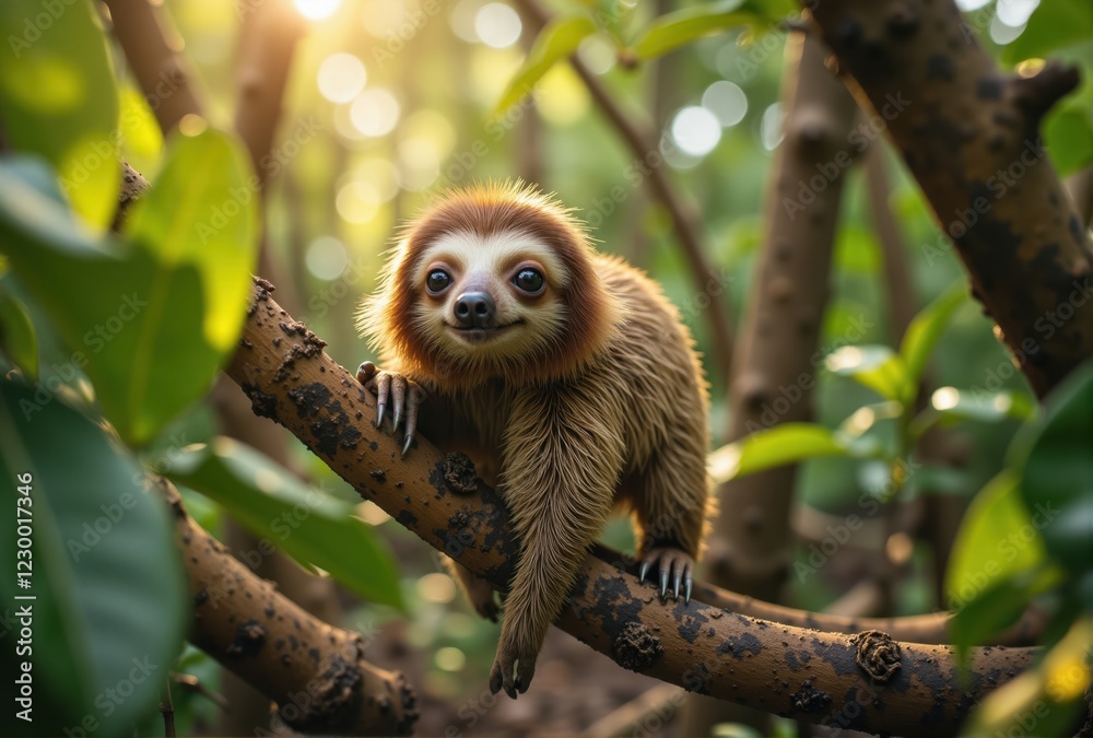 Obraz premium Baby Sloth on Tree Branch in Rainforest Environment