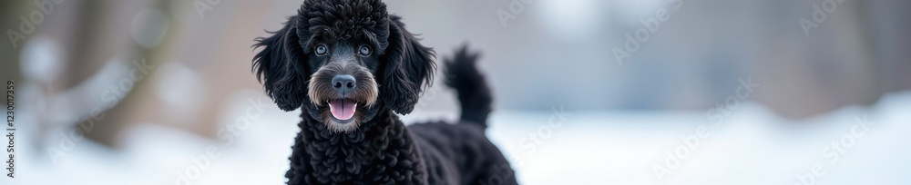 Majestic black poodle with curly fur on a snowy white background, furryfriends, petphotography