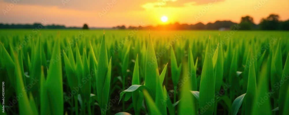 Obraz premium Majestic green maize seedlings in a cultivated field with a warm sunset background, agricultural field, countryside, farm