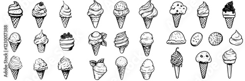 Delicious assortment of ice cream cones in various styles and flavors laid out in a creative pattern