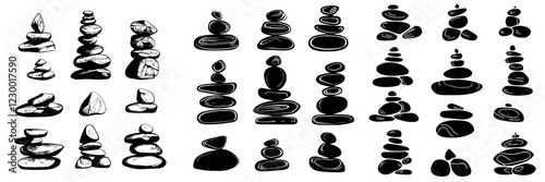Creative arrangements of stacked stones in various formations capturing balance and tranquility in nature
