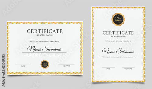 Certificate of appreciation template design. Minimalist certificate border with gold badge and lines pattern. Diploma award layout vector