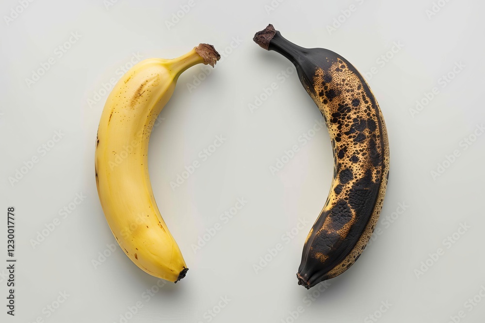 A vibrant yellow banana contrasts with a dark, speckled banana on a light background, showcasing stages of ripeness. Conceptual Still Life: Fresh vs. Wrinkled Fruit A vibrant yellow banana contrasts with a dark, speckled banana on a light background, showcasing stages of ripeness. Conceptual Still Life: Fresh vs. Wrinkled Fruit