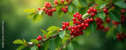 Mature Schisandra chinensis tree with sprawling branches and bright red berries, flower, flowering plant photo