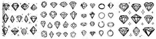 Diverse collection of unique and intricate diamond and ring illustrations showcasing artistic design elements