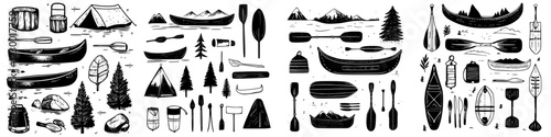 Camp inspired collection featuring canoes, paddles, and outdoor gear in a black and white design