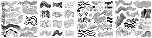 Creative black and white line patterns featuring abstract shapes and waves for design inspiration and futuristic applications