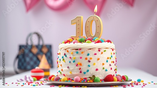 Birthday Cake 10th Anniversary Photo AI, Colorful Sweets, Number Ten Topper, White Background, Copy Space, Party, Celebration