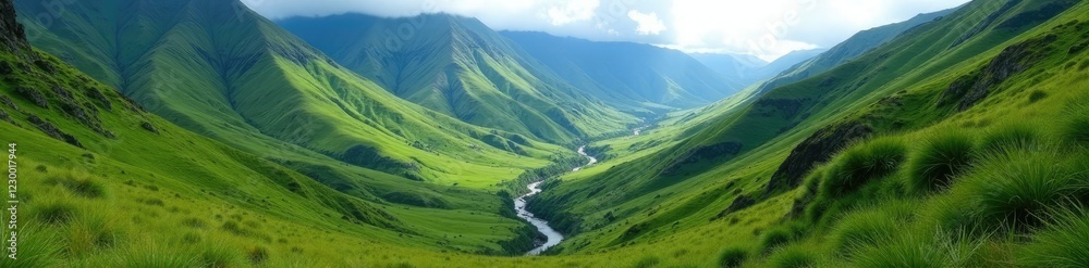 Rolling hills and valleys of Kualoa Mountain Range with a winding stream, valleys, terrain Rolling hills and valleys of Kualoa Mountain Range with a winding stream, valleys, terrain