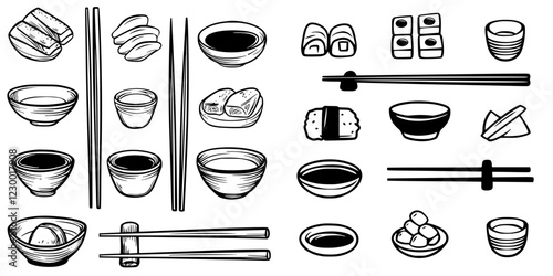 Sushi, bowls, and chopsticks arranged in a clean, minimalistic style with a focus on Japanese cuisine