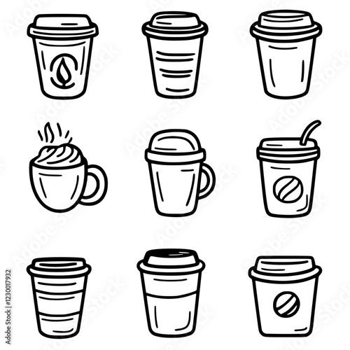 Collection of coffee cup illustrations showcasing diverse designs and styles in a minimalist format