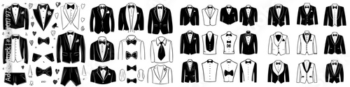 Collection of tuxedo designs featuring various styles, colors, and accessories for formal occasions