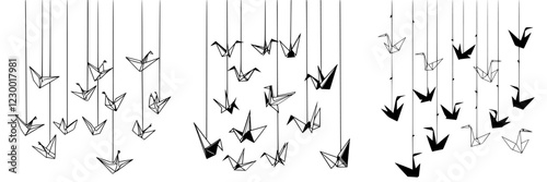 Hanging origami cranes in a minimalist space creating a serene atmosphere with a modern touch