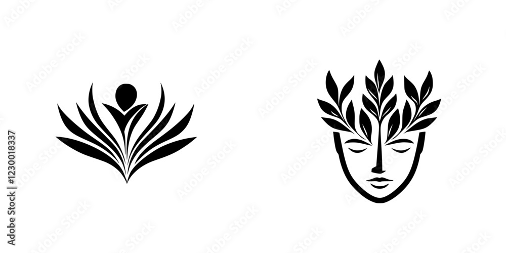 Stylized floral and human figures connect nature with tranquility in abstract design Stylized floral and human figures connect nature with tranquility in abstract design