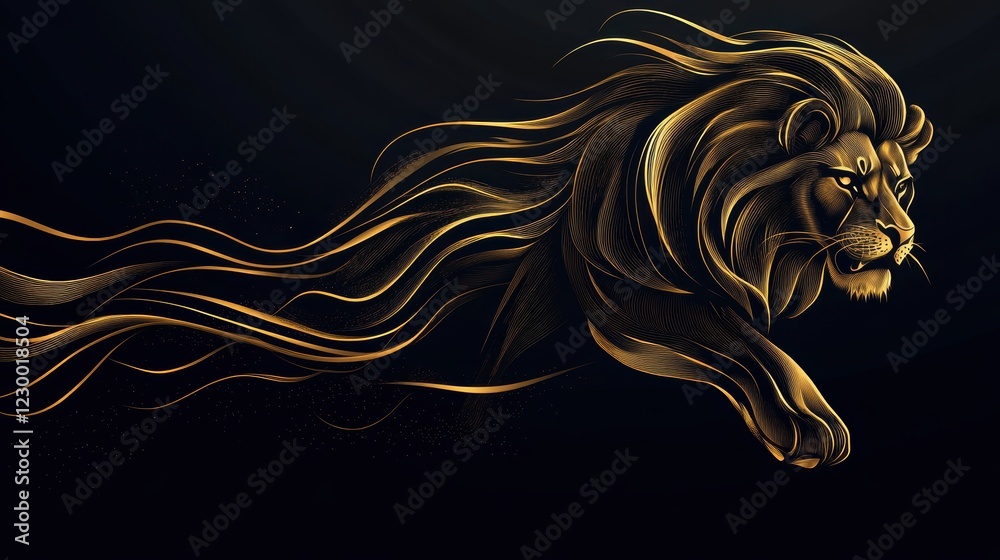 Majestic Golden Lion Illustration with Flowing Mane on Dark Background Symbolizing Strength and Elegance Majestic Golden Lion Illustration with Flowing Mane on Dark Background Symbolizing Strength and Elegance