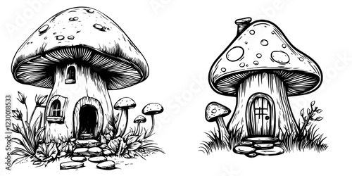 Charming mushroom houses with whimsical designs nestled among lush greenery and small mushrooms