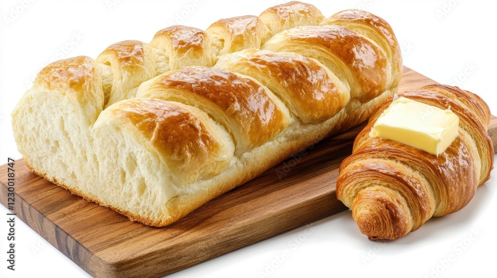 Freshly Baked Bread Loaf Accompanied by Croissant on Wooden Board Freshly Baked Bread Loaf Accompanied by Croissant on Wooden Board