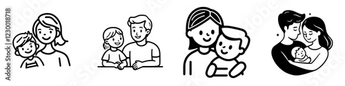 Family moments displayed through simple line art featuring various parent-child interactions