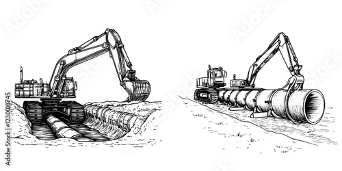 Illustration of construction machinery laying large pipes in a trench for infrastructure development