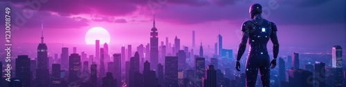 Futuristic android silhouette observing vibrant city skyline at sunset, symbolic of technology and urbanism. Futuristic Technology LinkedIn Banner