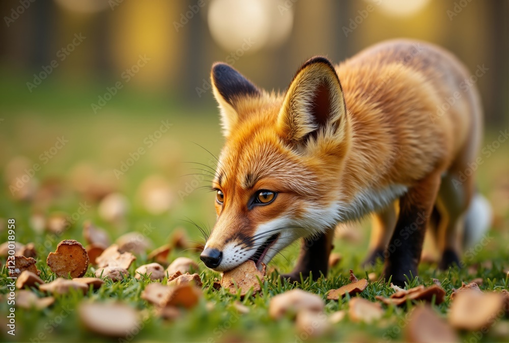 Fototapeta premium Red Fox Foraging Among Autumn Leaves and Nuts