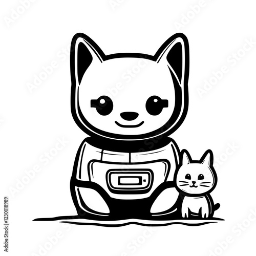 Robot cat companion sitting next to a cute kitten in a playful and futuristic setting