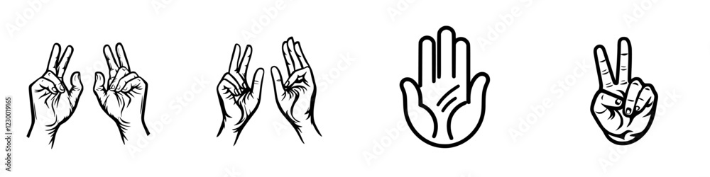 Gesture collection with hands showing various signs and symbols including peace sign, VFX influence, and holographic themes Gesture collection with hands showing various signs and symbols including peace sign, VFX influence, and holographic themes