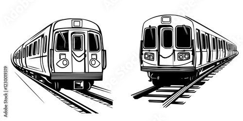 Train designs featuring holographic elements and futuristic aesthetics on urban tracks