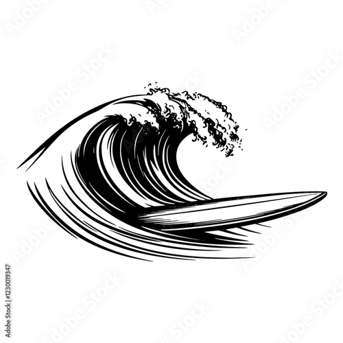 Surfer riding a massive wave with a futuristic holographic effect and stylized VFX elements