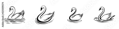 Elegant swans gracefully gliding through calm water in a serene natural setting at dusk