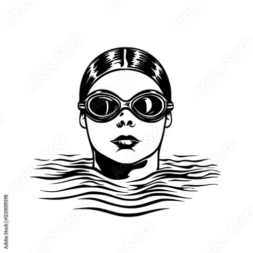 Futuristic depiction of a swimmer with goggles emerging from water in a VFX and HUD inspired design