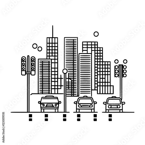 Futuristic city skyline with cars and traffic lights featuring VFX and HUD elements