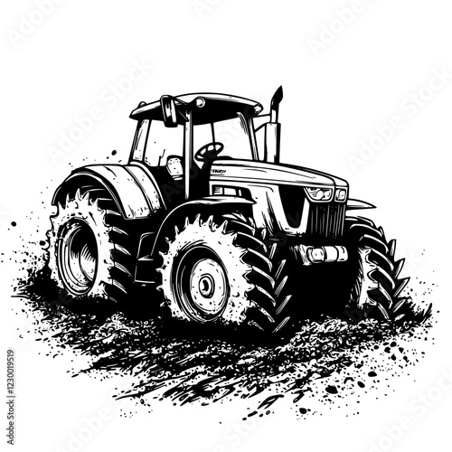 Tractor working on a farm during the day with dirt splashing in a rural setting