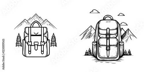 Stylized backpack designs featuring mountain landscapes and natural scenery