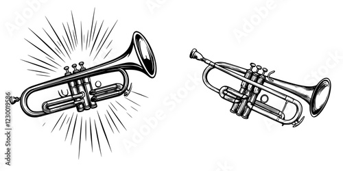 Two distinct trumpet illustrations showcasing traditional and modern designs with creative accents