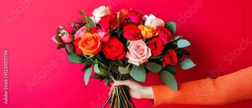 Colorful bouquet held against bright backdrop, vibrant flowers including roses and daisies, cheerful decoration for occasions.
