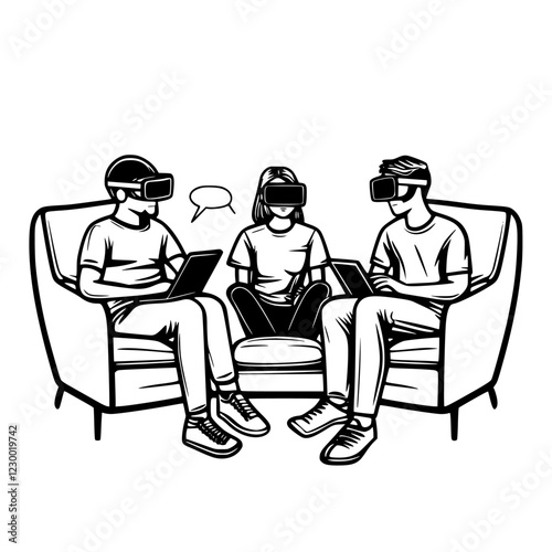 Virtual reality discussion among three friends using headsets in a cozy living room setting