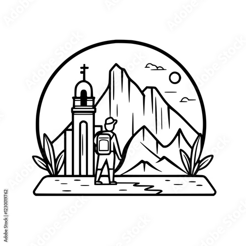 Hiker explores a mountainous landscape near an ancient tower with a panoramic view of the horizon