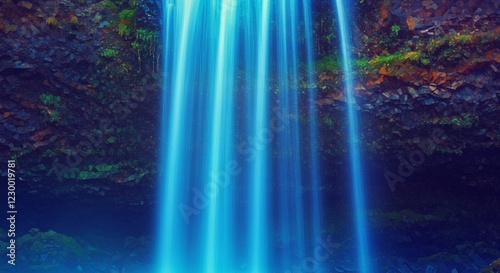 Serene Waterfall Cascading Over Mossy Rocks Vibrant Blue Water Nature Photography