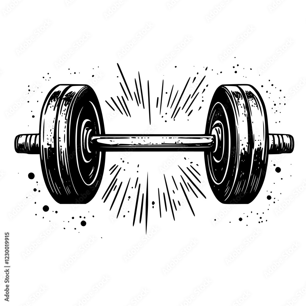 Strong dumbbell design featuring a bold, vintage style with explosive energy elements in the background