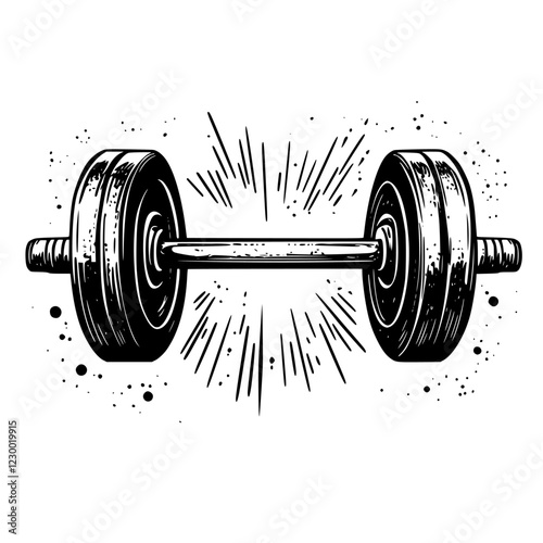 Strong dumbbell design featuring a bold, vintage style with explosive energy elements in the background