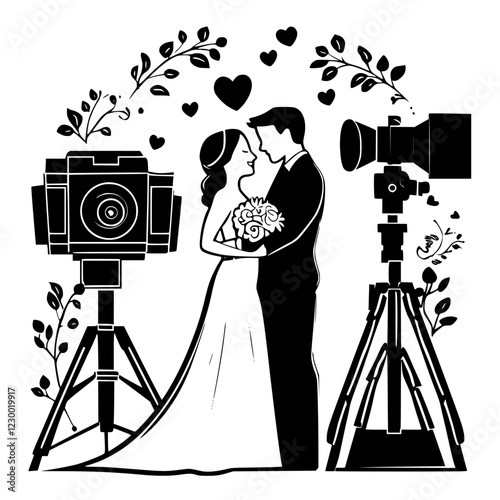 Couple sharing a moment during a wedding photoshoot surrounded by vintage cameras and romantic elements