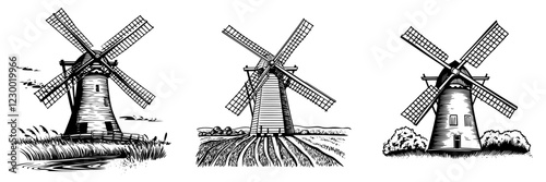 Three traditional windmills set against a clear sky with lush fields in the background showcasing rural charm and heritage