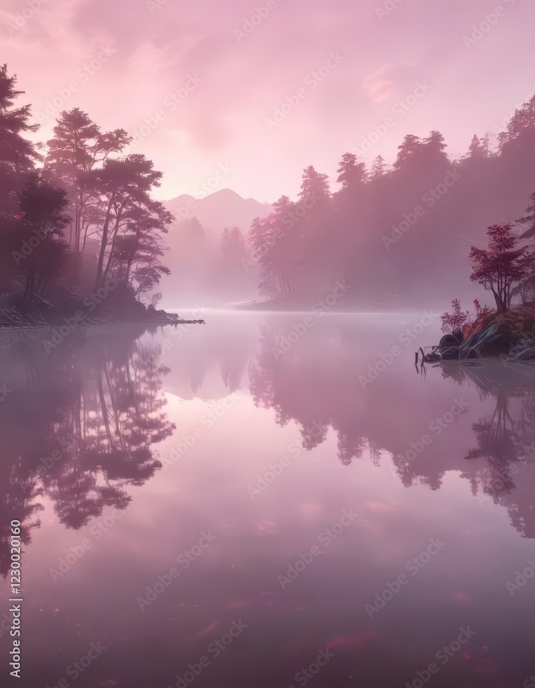 Soft pink mist surrounds a serene lake at dawn, fog, scenery, nature Soft pink mist surrounds a serene lake at dawn, fog, scenery, nature